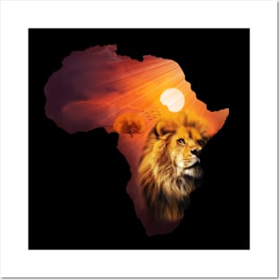 Lion and Africa Map, Sunset Safari, Big Cats Posters and Art